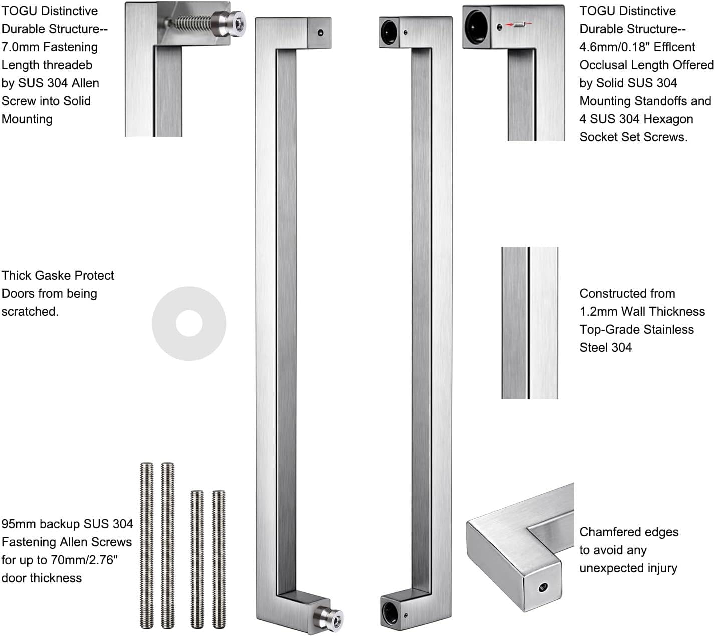 TOGU TG-R3030 Heavy Duty Commercial Grade 600mm/24 inches Square/Rectangle Shape Solid 1.2mm Thick Stainless Steel 304 Push Pull Door Handle, Full Brushed Stainless Steel Finish