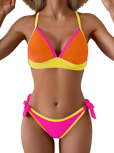 B2prity Women's Color Block Bikini Set Sexy V Neck Criss Cross Two Piece Swimsui