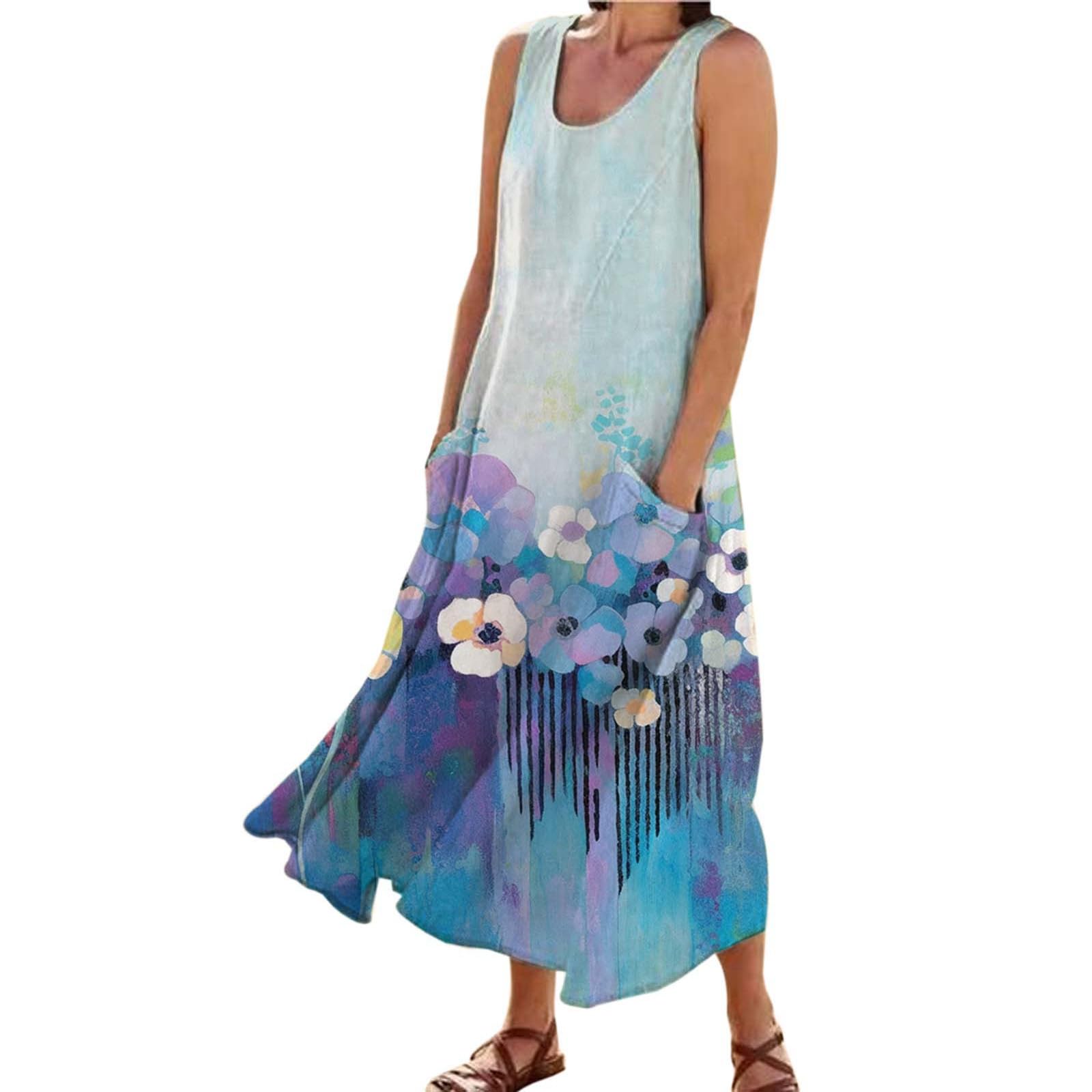 Women's Crew Neck Casual Butterfly Print Cuffless Pocket Long Vest Dress Shirt Dresses with Pockets