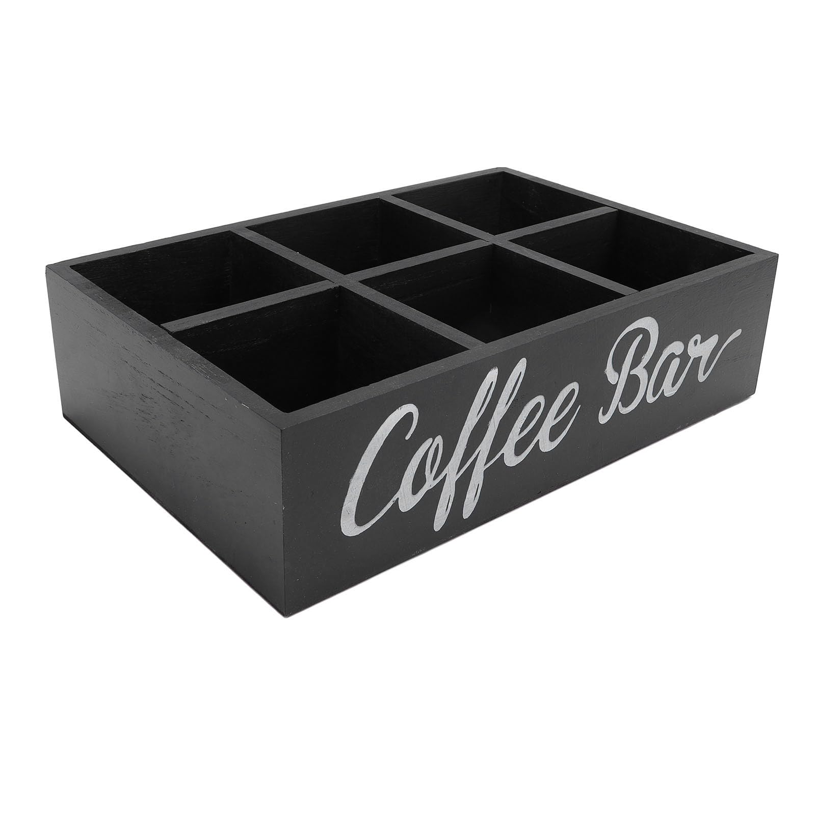 Jelquix Coffee Bar Storage Basket, Wooden Coffee Station Organizer Pod Holder for Countertop with Removable Dividers, Farmhouse Style (Black)