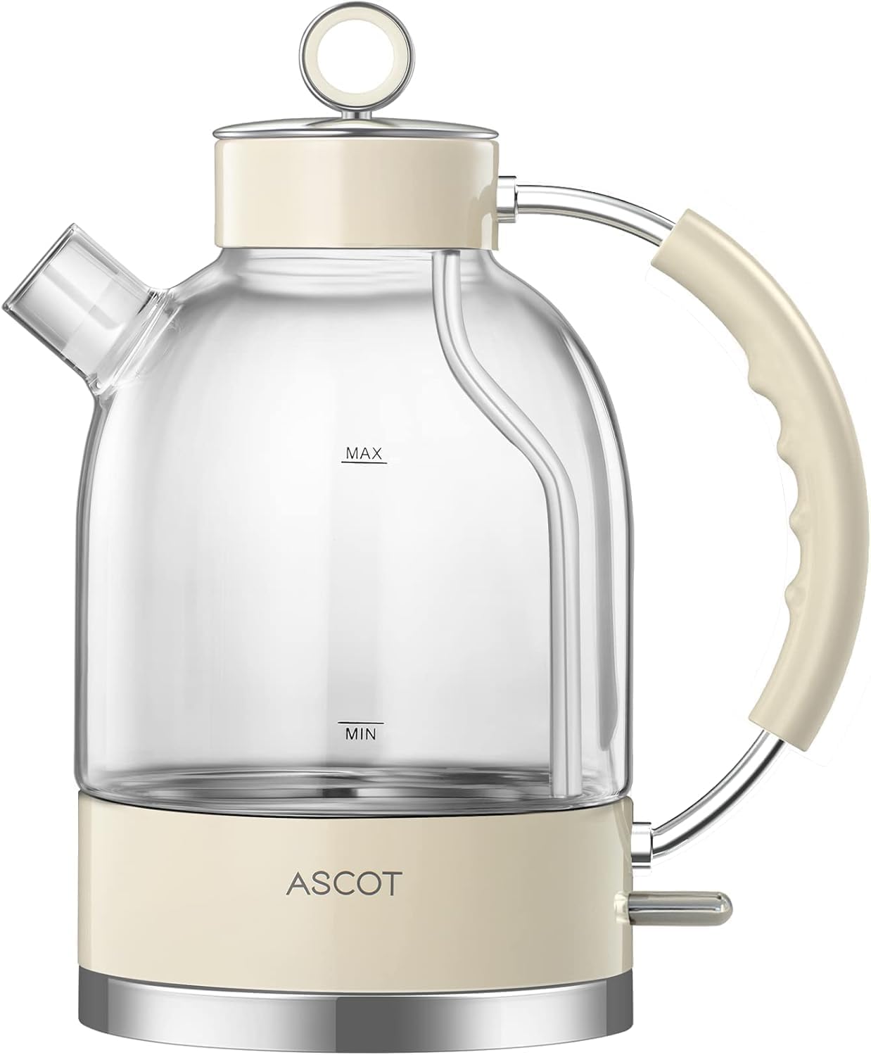 ASCOT Electric Kettle, Glass Electric Tea Kettle Boiler Gifts for Men/Women/Family 1.5L 1500W Borosilicate Glass Tea Heater, with Auto Shut-Off and Boil-Dry Protection (Beige)
