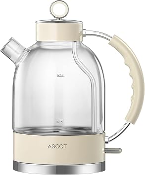 ASCOT Electric Kettle, Glass Electric Tea Kettle Boiler Gifts for Men/Women/Family 1.5L 1500W Borosilicate Glass Tea Heater, with Auto Shut-Off and Boil-Dry Protection Beige