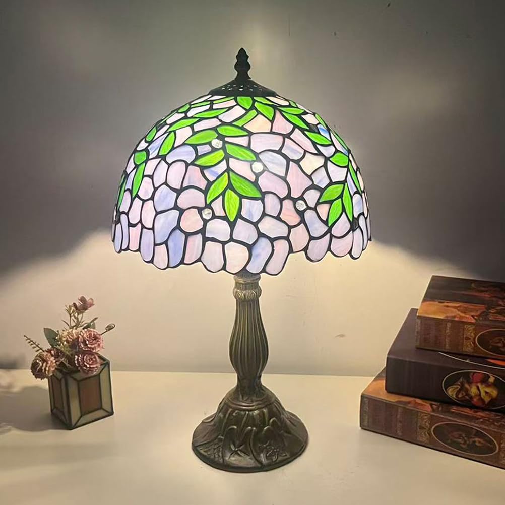Lampa stołowa ze szkła witrażowego, wzór liści glicynii, idealna lampka do czytania do sypialni, salonu, biura, gabinetu, 30 x 30 x 45 cm