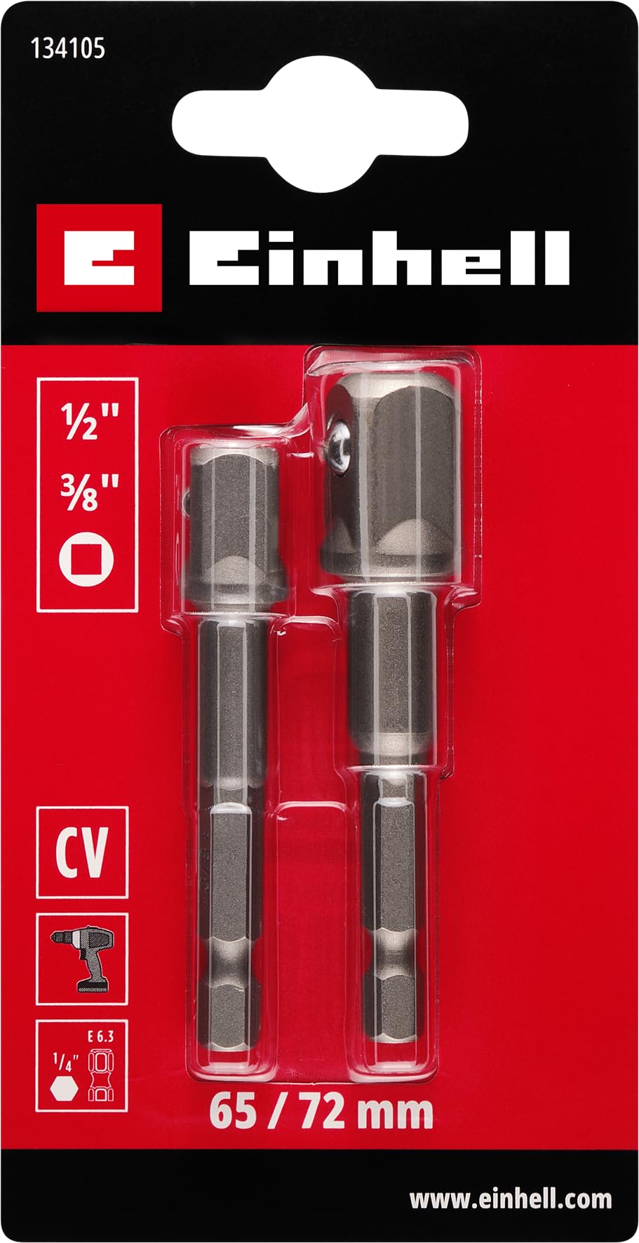 Einhell - Original Einhell 65/72 mm 3/8" / 1/2" Adaptor Set of 2 (Chrome Vanadium, High Wear Resistance, E 6.3 Base)