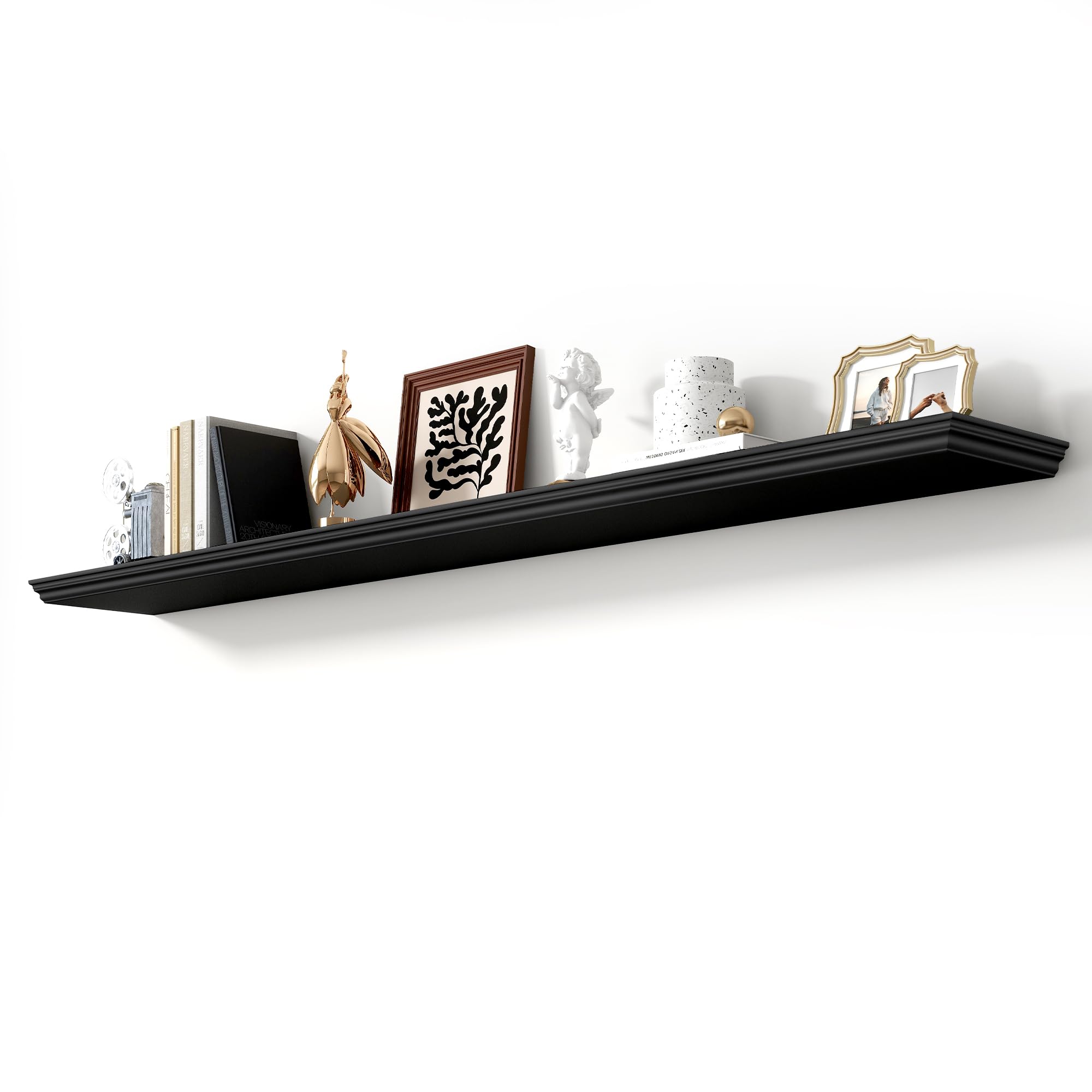 axeman 72 inch floating shelves for wall, 9.3" deep crown molding wood display shelf with heavy duty invisible brackets for living room, bedroom, bathroom, kitchen decor & storage, set of 1, black