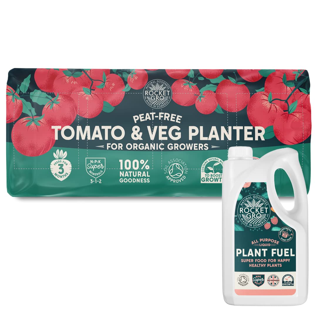 RocketGroTomato & Veg Planter Grow Bag 60L & Liquid Plant Feed Concentrate 1L – Organic, Chemical-Free & Nutrient-Rich – Ideal for Tomatoes, Vegetables & Fruits – Slow-Release Feed for 3 Months