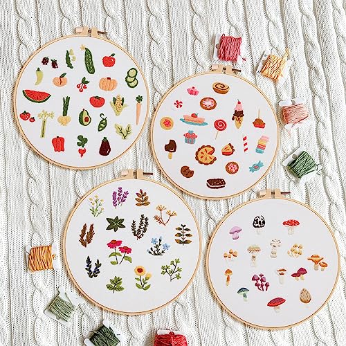 Image of Lukinbox 4 Pack Embroidery Kit for Beginners, Hand Cross Stitch Kits for Adults, DIY Fabric Embroidery Starter Kits with Fruit Flower Patterns, 2 Embroidery Hoops, Clothes, Threads and Needles