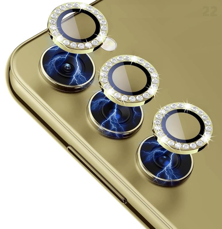 Image of NEW Glitter Diamond Camera Lens Protector for Samsung Galaxy S24 / S24 Plus 5G | Full Coverage 9H Surface Tempered Glass with Metal Ring Guard - [3-Pack, Gold Diamond]