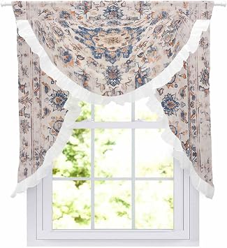 Waterfall Sheer Curtains Valance for Windows, Vintage Print Distressed Floral Texture Swag Valances for Living Room, Retro Boho Rod Pocket Voile Ruffle Waterfall Valance for Bedroom, 39.4x41.3 Inch