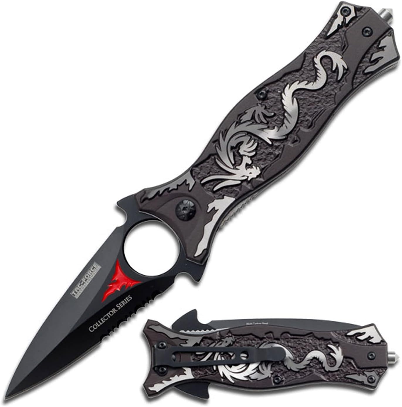 TAC Force TF-707 Series Assisted Opening Folding Knife, Black Half-Serrated Blade, Dragon Handle, 4-1/2-Inch Closed