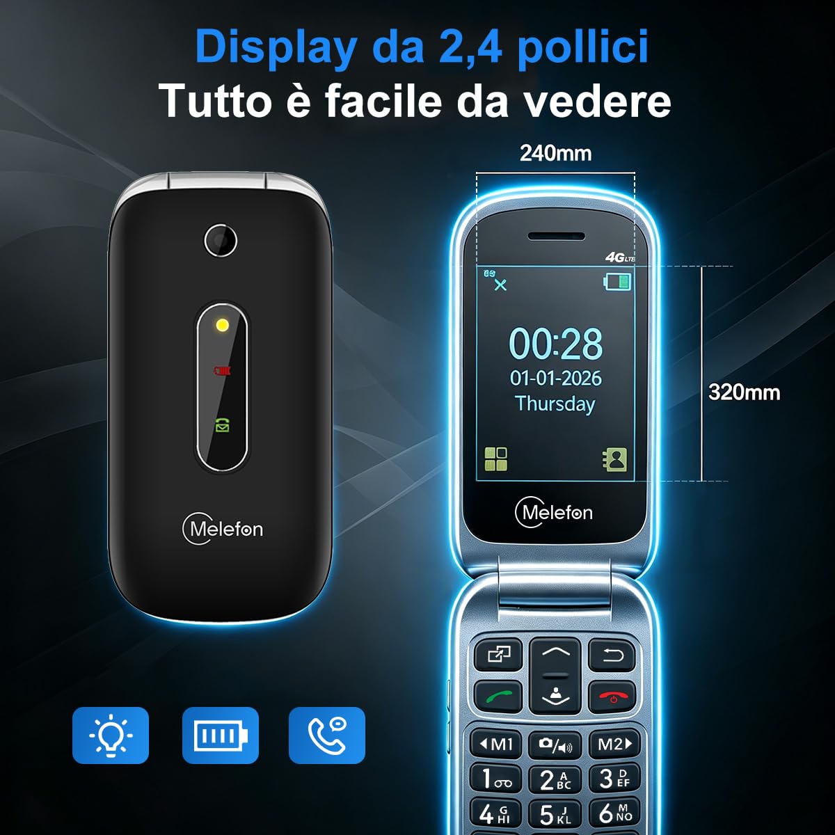 Telefono 4G a Conchiglia per Anziani,Tasti Grandi,Pulsante SOS,Sbloccato | Chiamata Rapida M1/M2, Volume Alto, Schermo a Colori da 2,4", Facile da Usare,Radio FM, Torcia LED, Batteria 1350 mAh