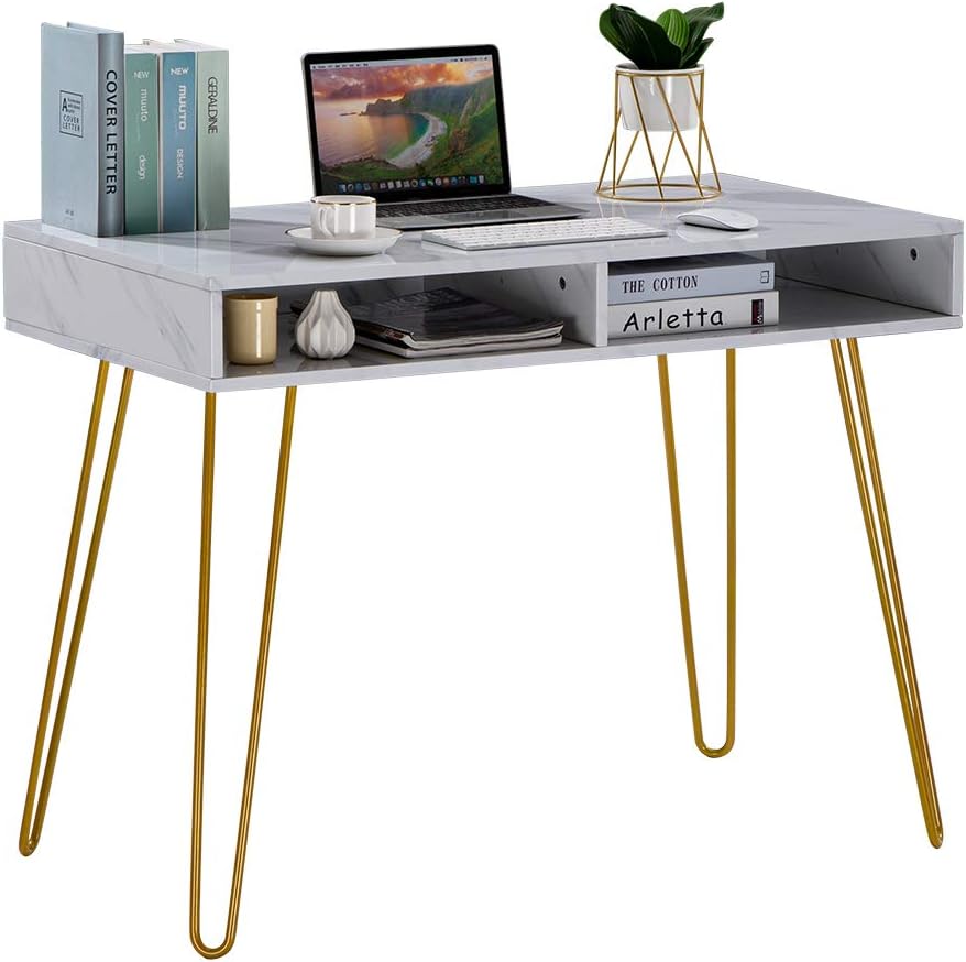 SSLine Gold and White Computer Desk Modern Writing Table Makeup Vanity Desk with