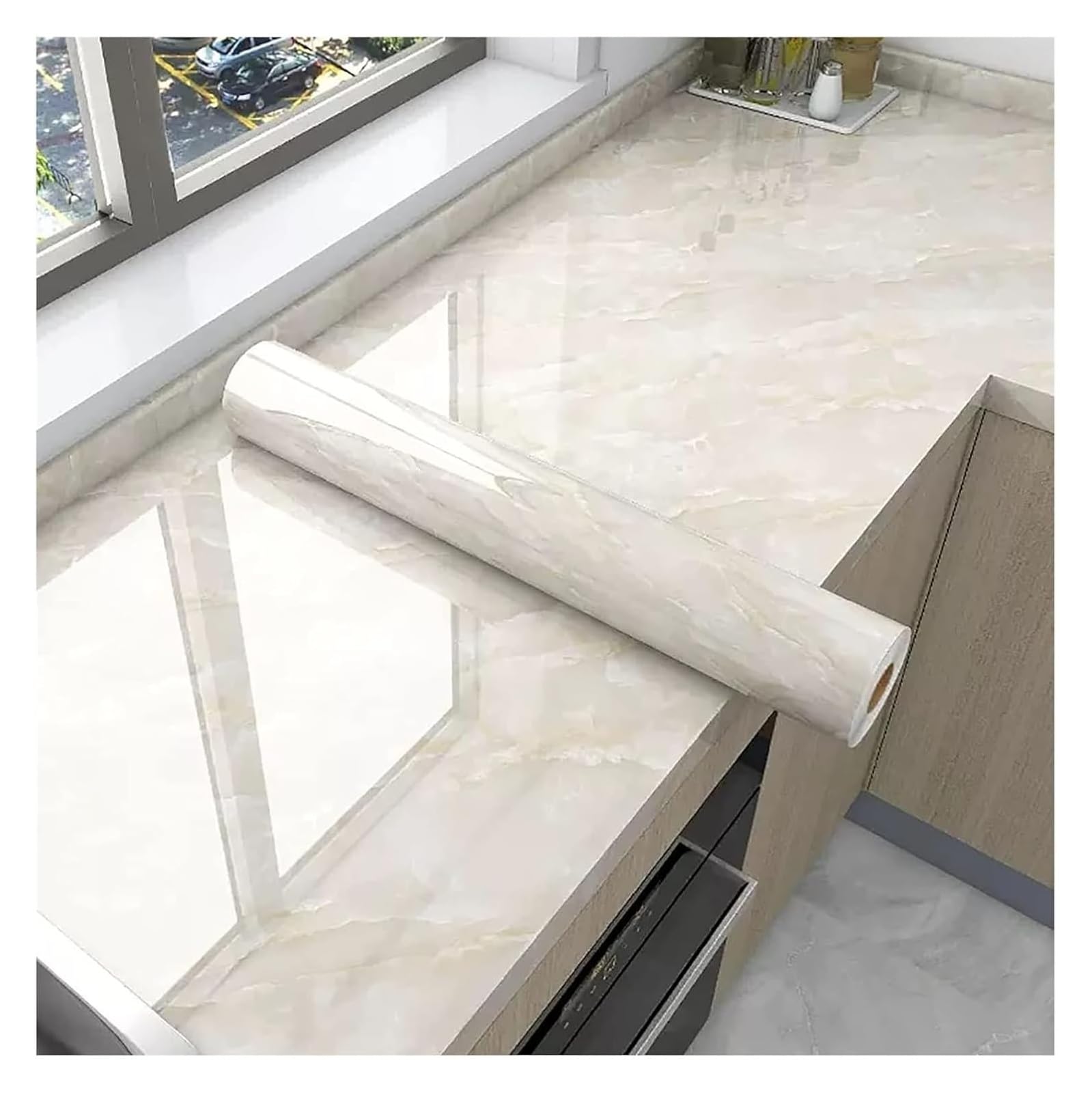 papel pintado autoadhesivo, Papel pintado de mármol de longitud, papel pintado autoadhesivo, extraíble, con textura de granito brillante(Beige,196.85x47.24IN)