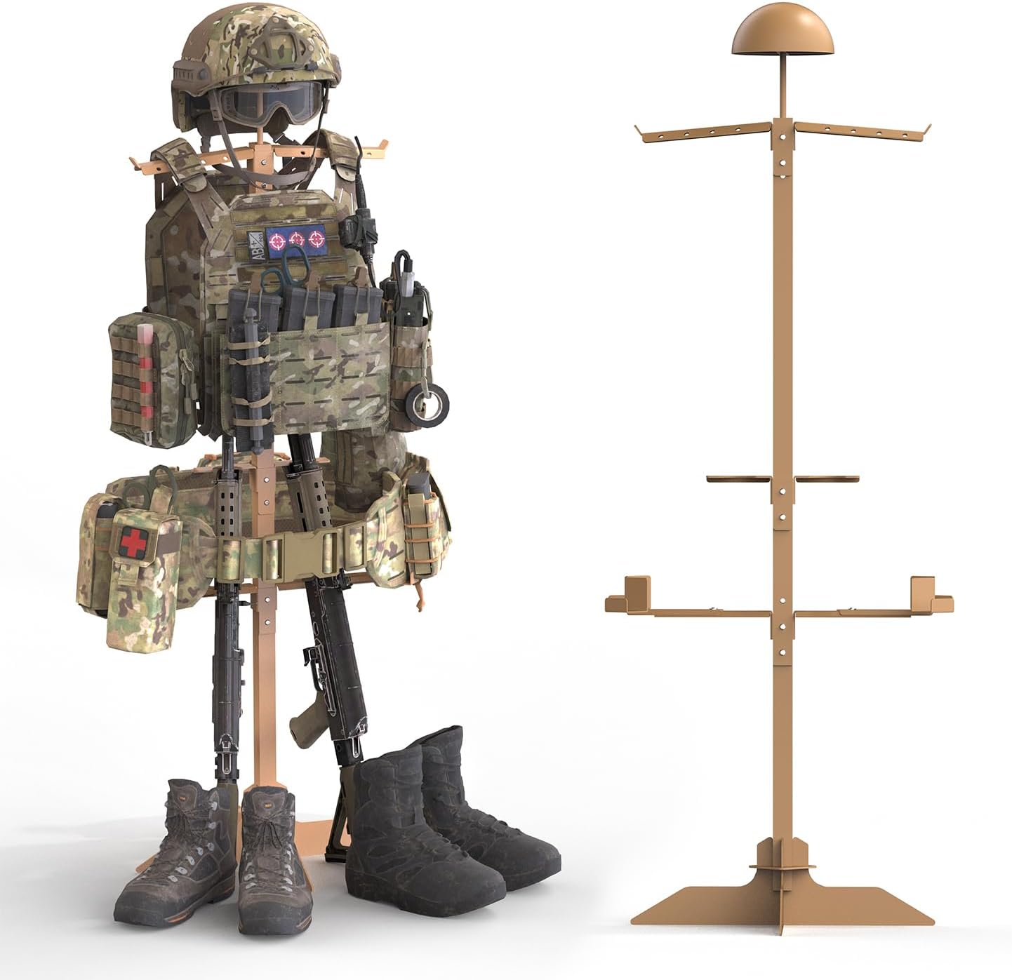 Tactical Military Gear Stand, Heavy Duty Tactical Gear Support Stand Helmet Vest Belt Rack, Motorcycle Helmet Holder Stand Display Organizer, Indoor Home Garage, Tan