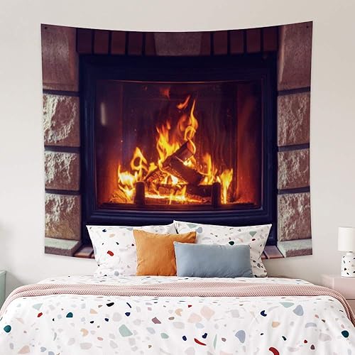 Miniatura 4 de Haoyiyi Tapiz de fuego ardiente de 33.9 x 27.6 pulgadas, para colgar en la pared de ladrillo brillante, vintage, elementos alegres, festival,
