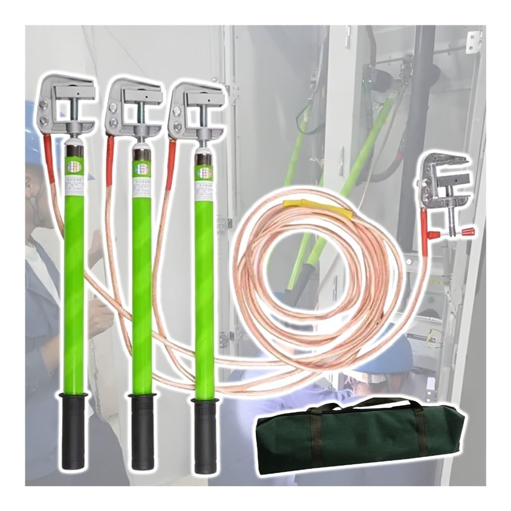 Genérico Cable de Puesta a Tierra de Alta tensión de 10 kV con 3 Varillas/Postes de Puesta a Tierra, Cable de Cobre Blando Transparente de 25 mm² para Salas de distribución eléctrica (Verde, 1,0