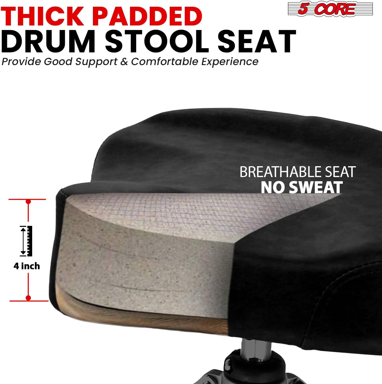 5 CORE Drum Throne 4" Padded Guitar Stool w Backrest Airlift Adjustable 18-24" Drummer 441Lb Capacity for Adults and Kids - DS CH BLK Rest-LVR