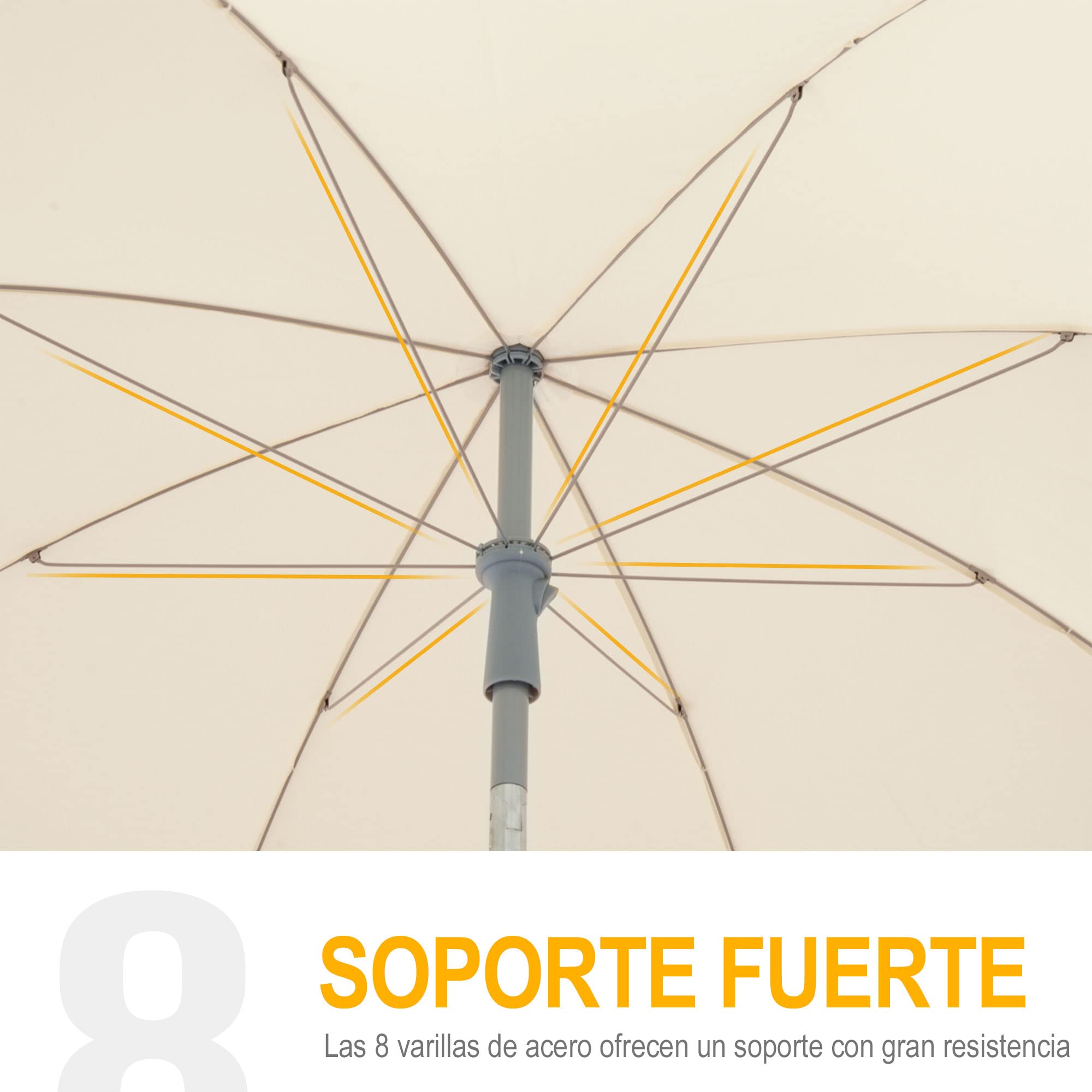 Outsunny Sombrilla de Playa Ø202 cm Techo Inclinable para Jardín Beige | Poste Desmontable, Pincho Inferior