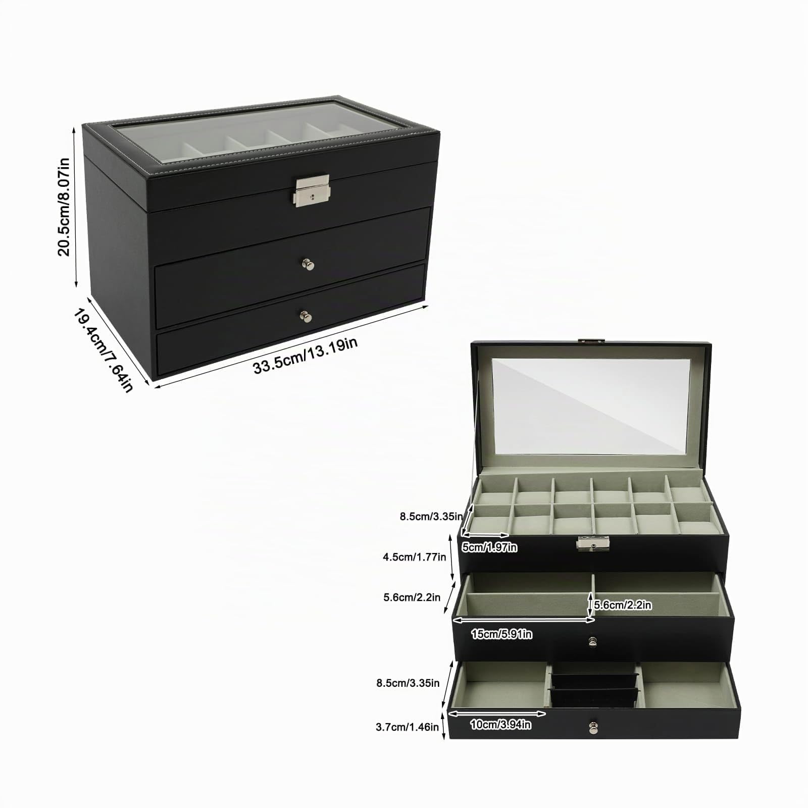 Caja para relojes y joyas, 3 niveles, con cajones, tapa transparente, 33,5 x 19,4 x 20,5 cm, color negro