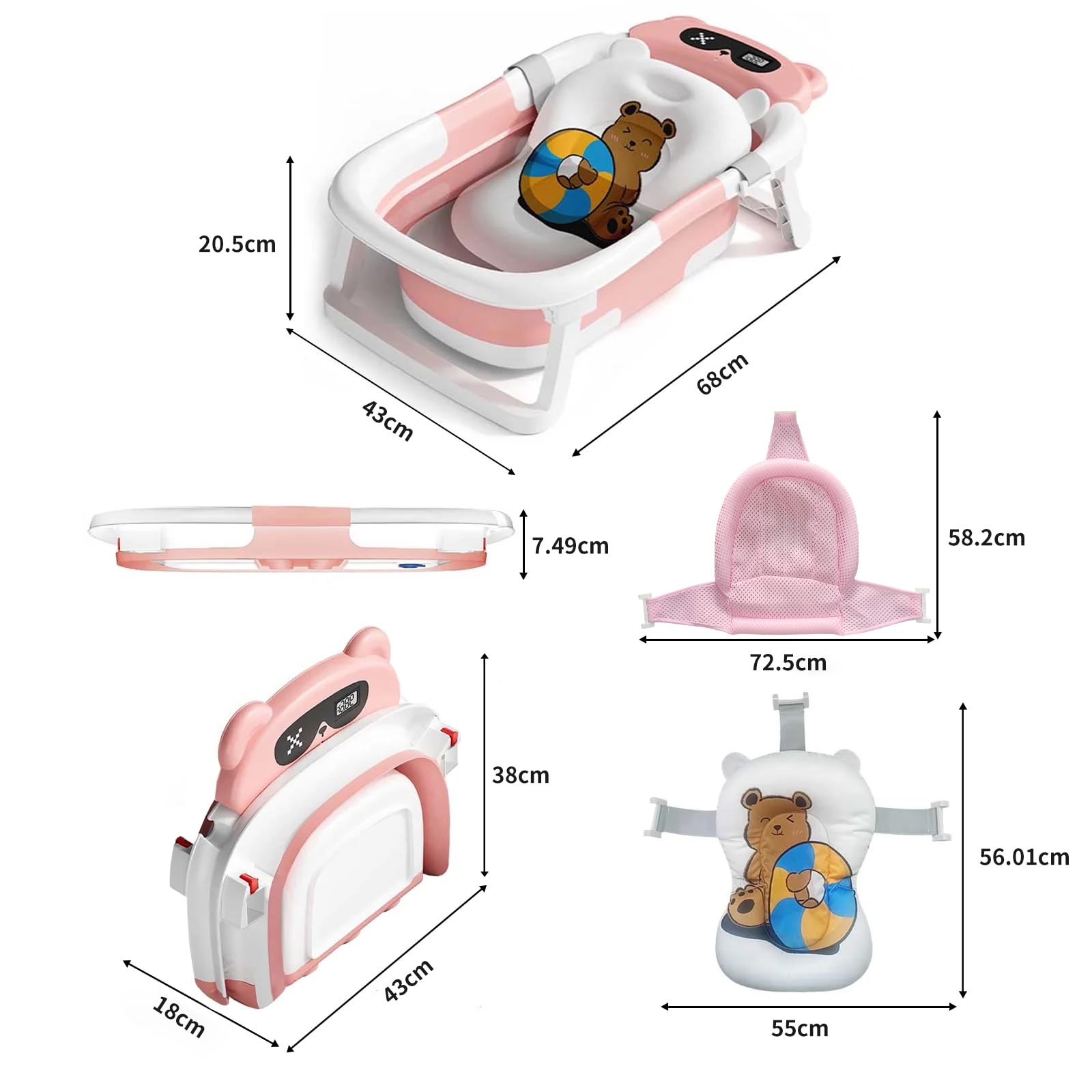 STEUGO Baby Badewanne für 0-18 Monate, Faltbare Babywanne mit Babybadewanne Stützkissen& Thermometer, Portable Baby Bathtub als Wesentliche Artikel für Neugeborene und Kleinkind(Rosa)