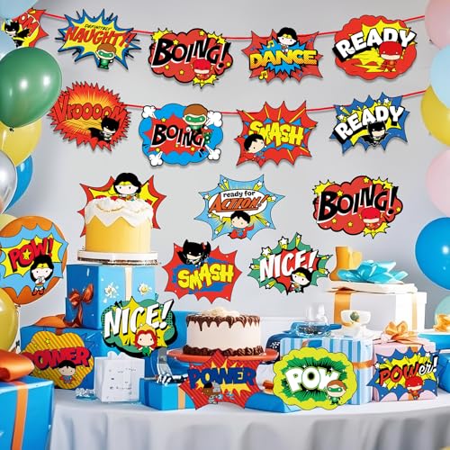 Hero Themed Party Decorations 20pcs Hero Action Sign Cardboard Cutouts Superhero Birthday Baby Shower Party Supplies Back to School Classroom Decor Porch Sign Banner Wall Door Hanger Decor