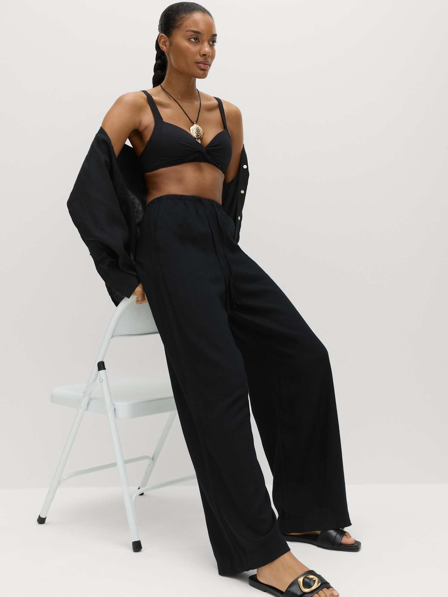 Marks & Spencer Pantalon Jambes Larges Femme Lot de 2 en Mélange Lin, Taille à Cordon