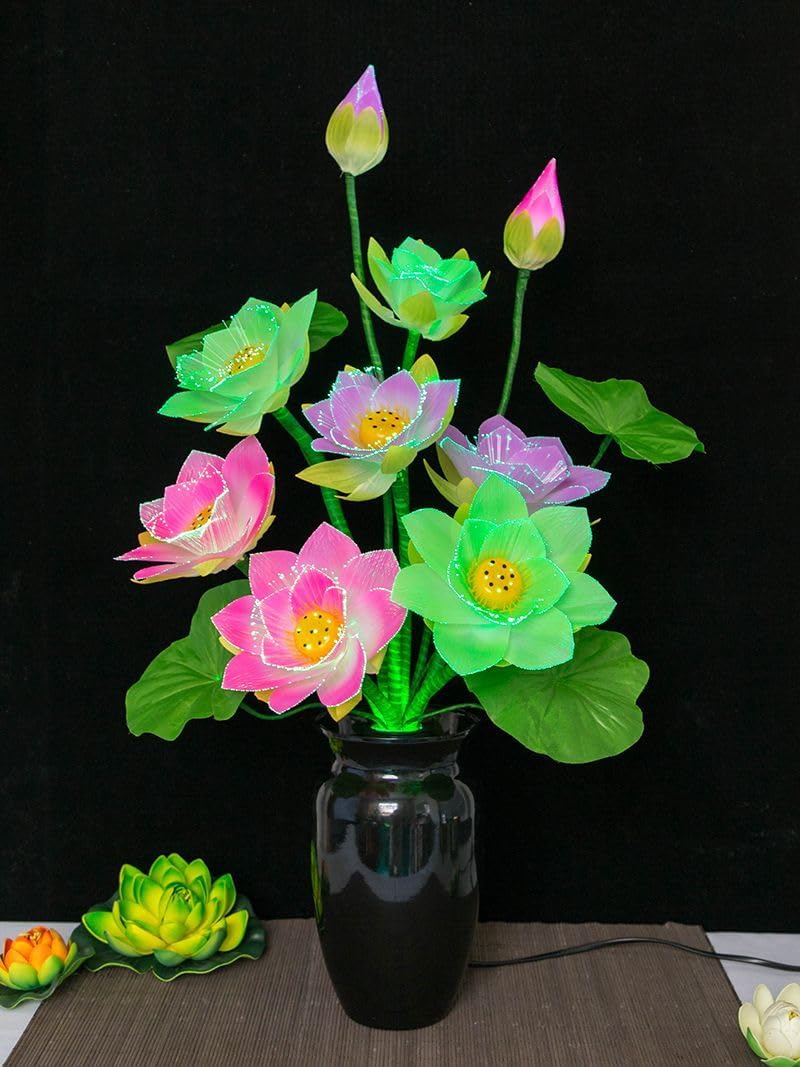 Ecqizer （ 【高配黑瓶】 大九品浅彩色 高80CM ） Bonsai flower lamp Buddha lamp colorful fiber optic lotus lamp water lily LED lamp lotus lamp home living room decoration, 9113036672811