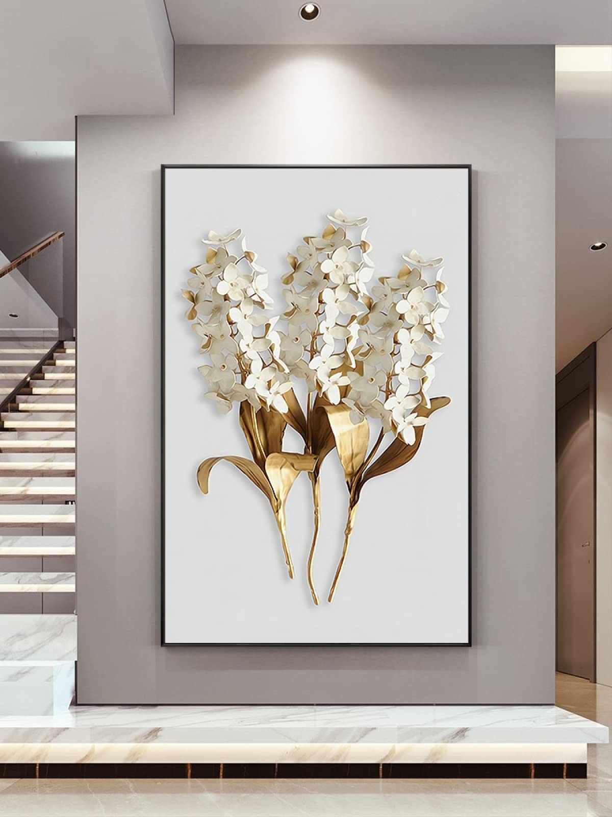 ITAWS Impreso En Papel - Póster Pared - Cuadro En Lienzo De Flores Beige Con Hojas Doradas, 50X70 Sin Marco Cuadros Decoración Salón - Pósters Decorativos - Cuadros Modernos