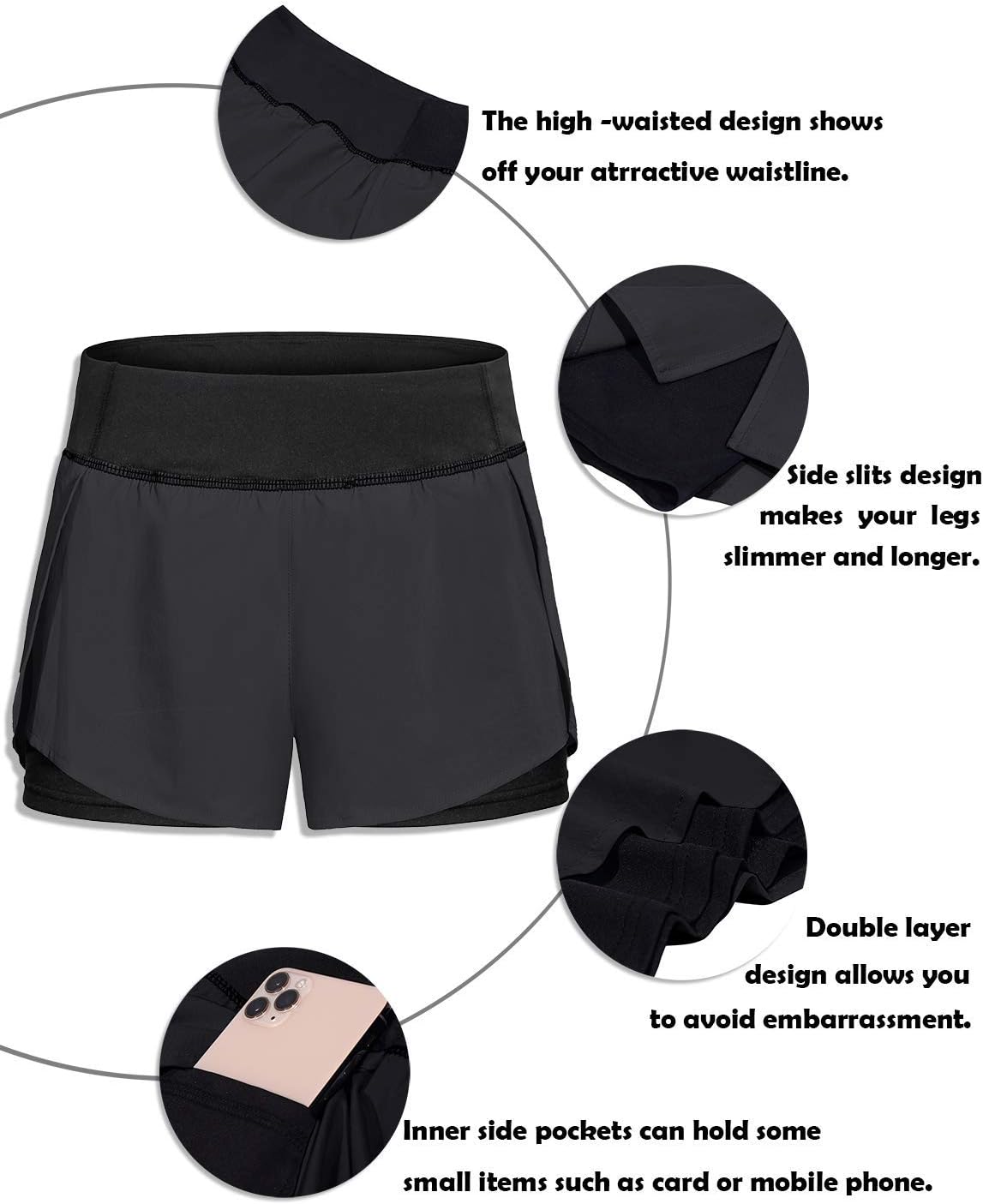Kimmery Women Elastic Waist Workout Shorts with Liner Yoga Shorts with Pocket Sizes XS-3XL