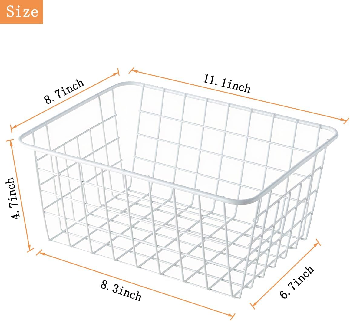4 Pack White Wire Baskets for Pantry, 11" Upright Wire Freezer Storage Bins with Handles, Small White Metal Storage Basket for Freezer Organizing Office Kitchen Closets