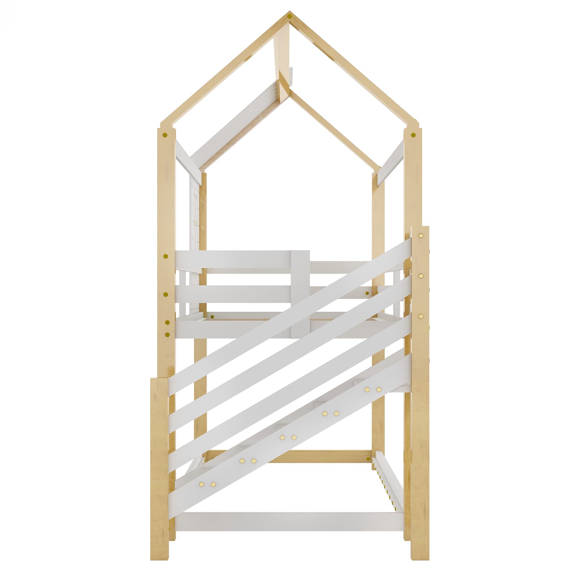 Baumhaus Kinderbett, Bett mit Ecktreppe, Hausbett, Kinderbett mit Fallschutz und Gitter, mit Fenster, Rahmen aus Kiefer, weiß+Natur (200x90cm),Woodcolor