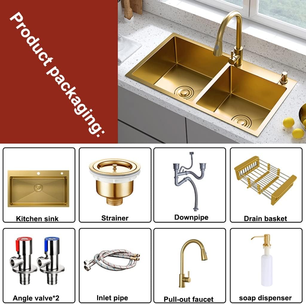 Wet Bar & Prep Sink Double Bowl Kitchen Bar Sink 304 Stainless Steel RV Sink with Pull Out Faucet & Drain Top Mount Or Undermount (Color : Gold, Size : 78x43x21cm)