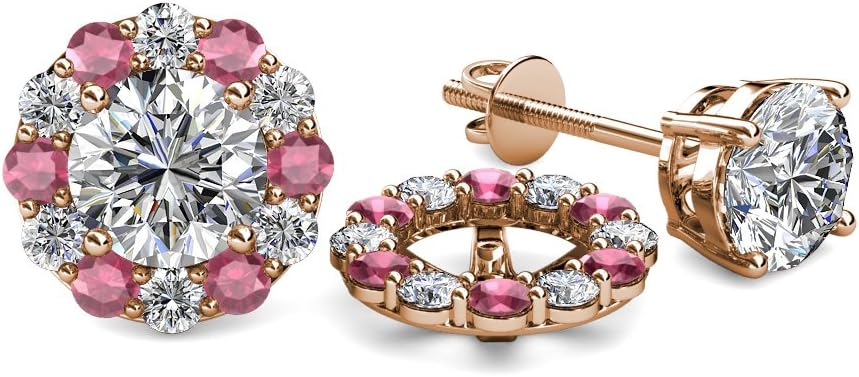 Natural Diamond & Rhodolite Garnet 0.80 ctw Women Halo Jackets for Stud Earrings 14K Rose Gold