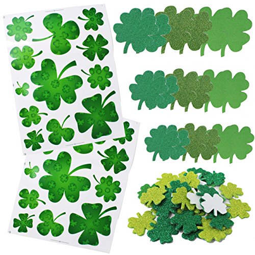 JOYIN 78 Pieces St. Patrick's Day Shamrock Window Clings and Saint Patrick Day Shamrock Cutout Glitter Foam Stickers Party Favor Decorations