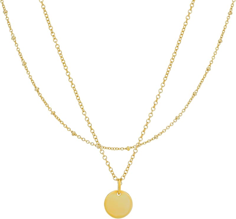 14K Gold Plated Necklace Set of 2 - Beaded Chain, Disc Pendant - Dainty Hypoallergenic Necklaces for Women