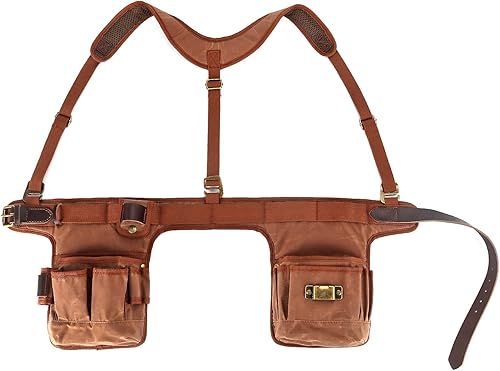 Miniatura 3 de Tourbn Tourbon - Cinturón de herramientas de carpintero con tirantes acolchado de malla para electricista, soporte para martillo, color marrón