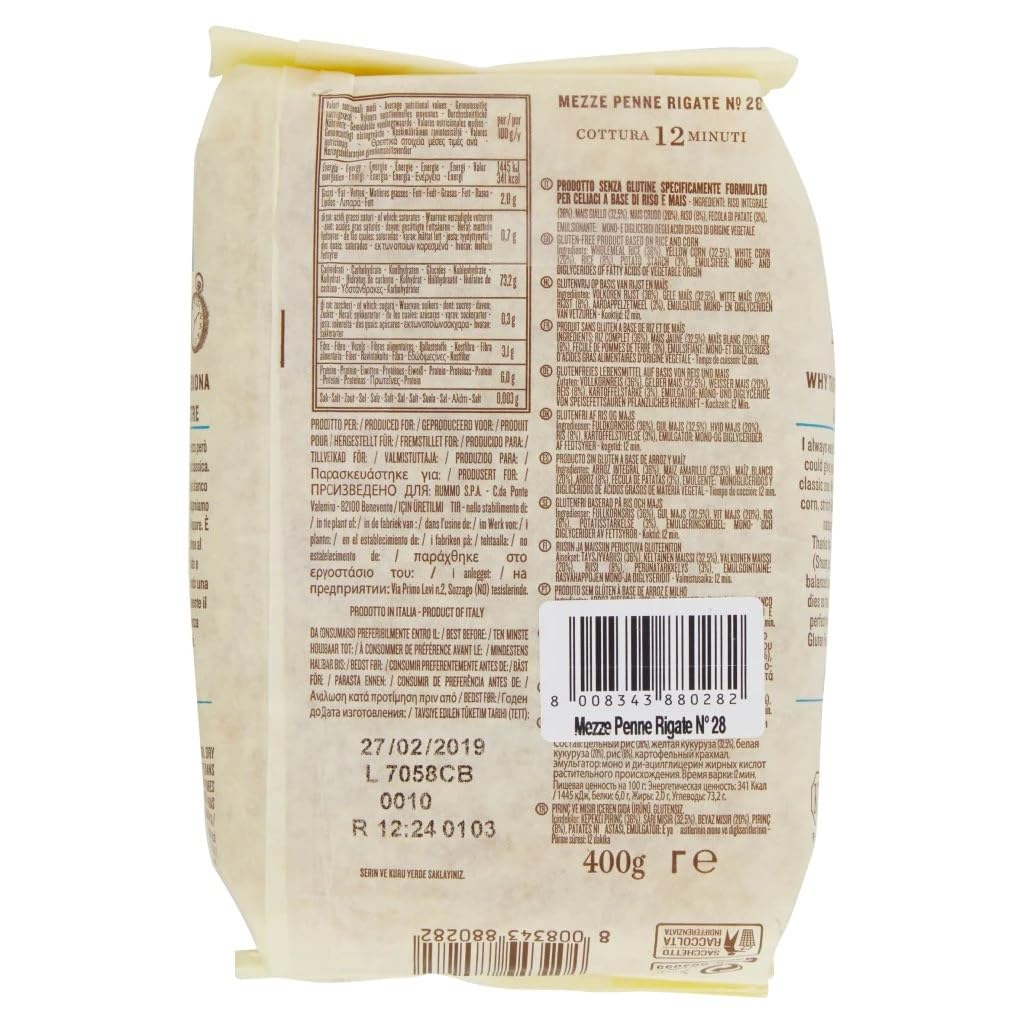 Rummo Glutenfreie Pasta Mezze Penne Rigate,Nudeln Senza Glutine 36 x 400g + Beni Culinari Kostenloser Schlüsselanhänger