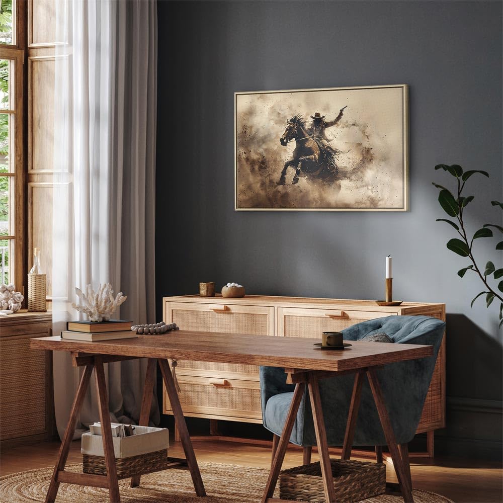 murando - Quadro con Cornice Naturale su Tela Strutturata Cowboy e Cavallo Western 60x40 cm 1 Pezzo - Quadri con Cornici Camera da Letto - Canvas Telaio in Legno - Stampe da Parete h-H-10072-b-a
