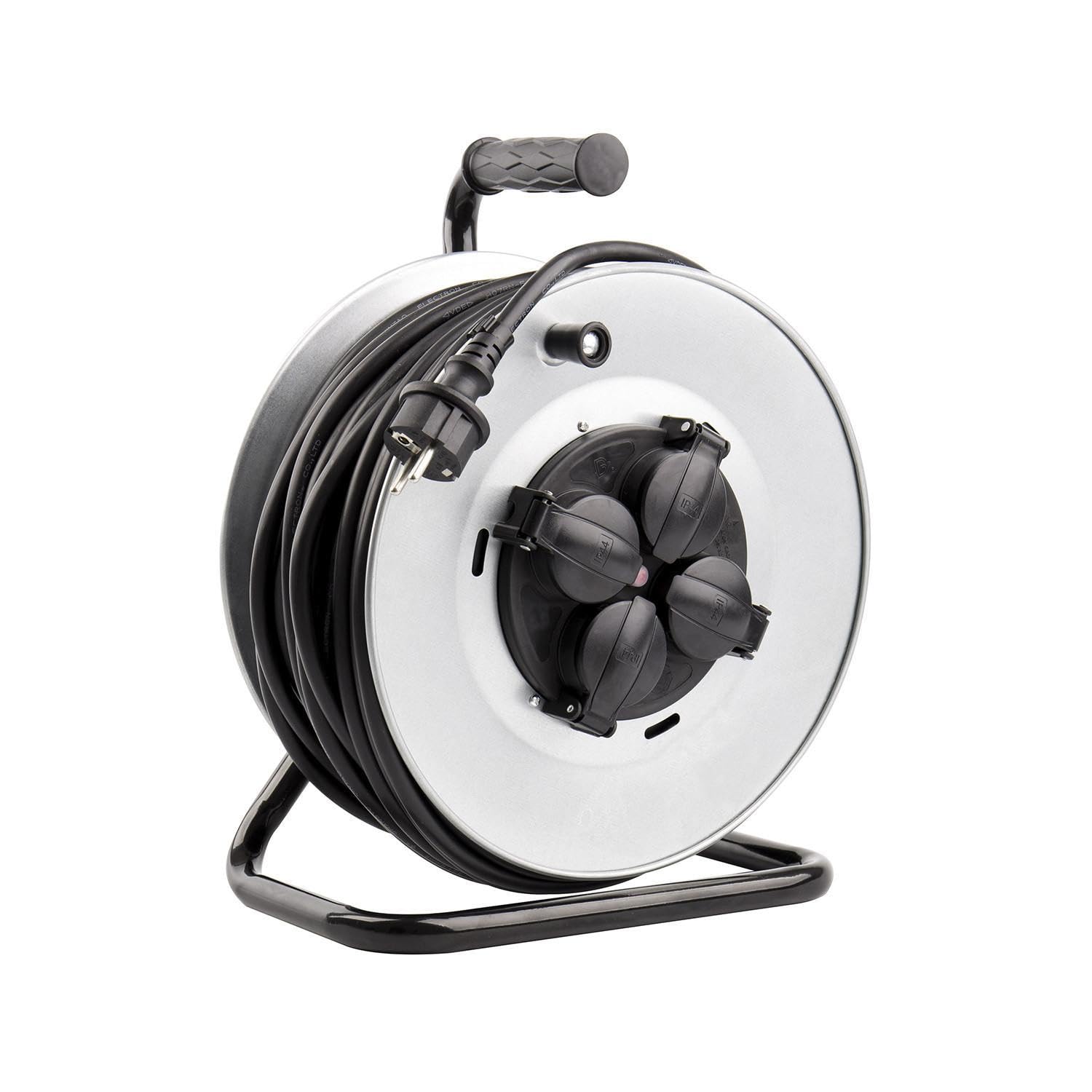 LEDKIA LIGHTING - Carrete Alargador de Cable 50m | 4 Enchufes con Tapas Protectoras | Protección IP44 | Carga Máxima 3200W | Uso Interior/Exterior, Gris, Metal