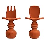 Bumkins Baby Utensils Set, Chewtensils Silicone Spoons for Dipping, Self-Feeding, Baby Led Weaning, Trainer Learning, First Stage Eating, Soft Practice Fork and Spoon, Babies 6 Months, Clay