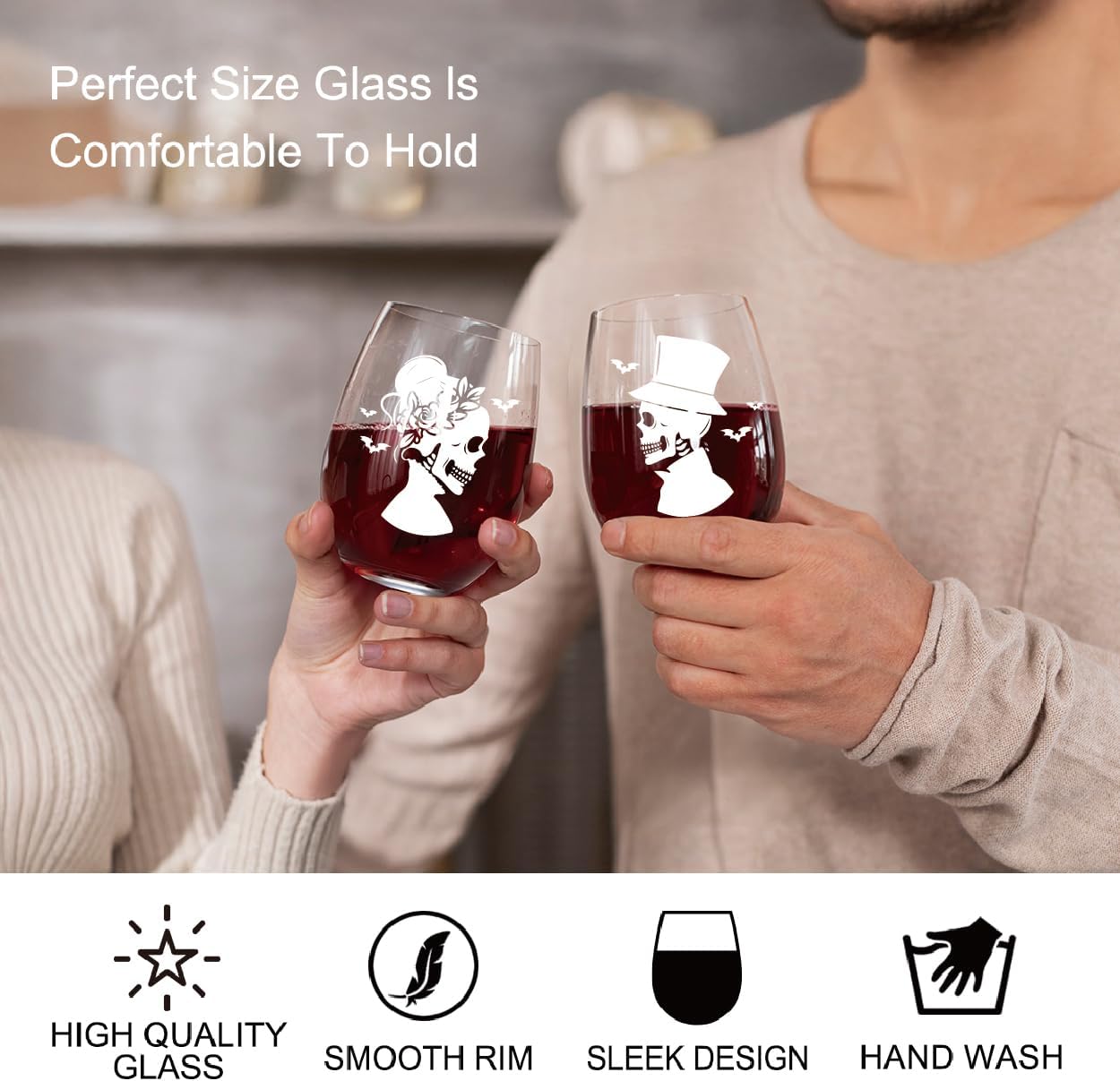 Perfectinsoy Skull Wine Glass 2 Piece with Gift Box, Zombie Design, Valentine's Day Autumn Halloween, Anniversary Wedding Gifts, Couple Gifts for Boyfriend and Girlfriend. (Skull Set of 2 A) - Image 5