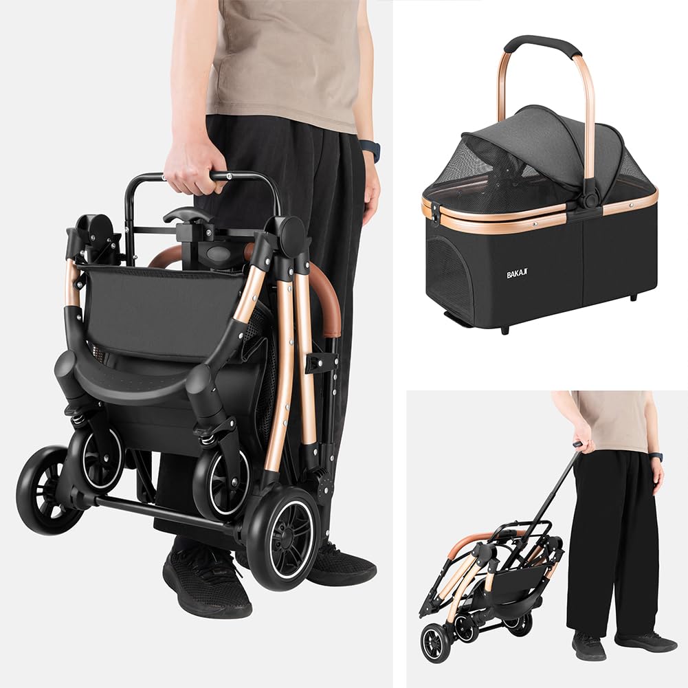 BAKAJI Cochecito para perros y gatos 2 en 1 con capazo extraíble y cierre ahorra espacio, cochecito para mascotas con cápsula transportín extraíble y techo abatible, peso máx. 50 kg (negro)