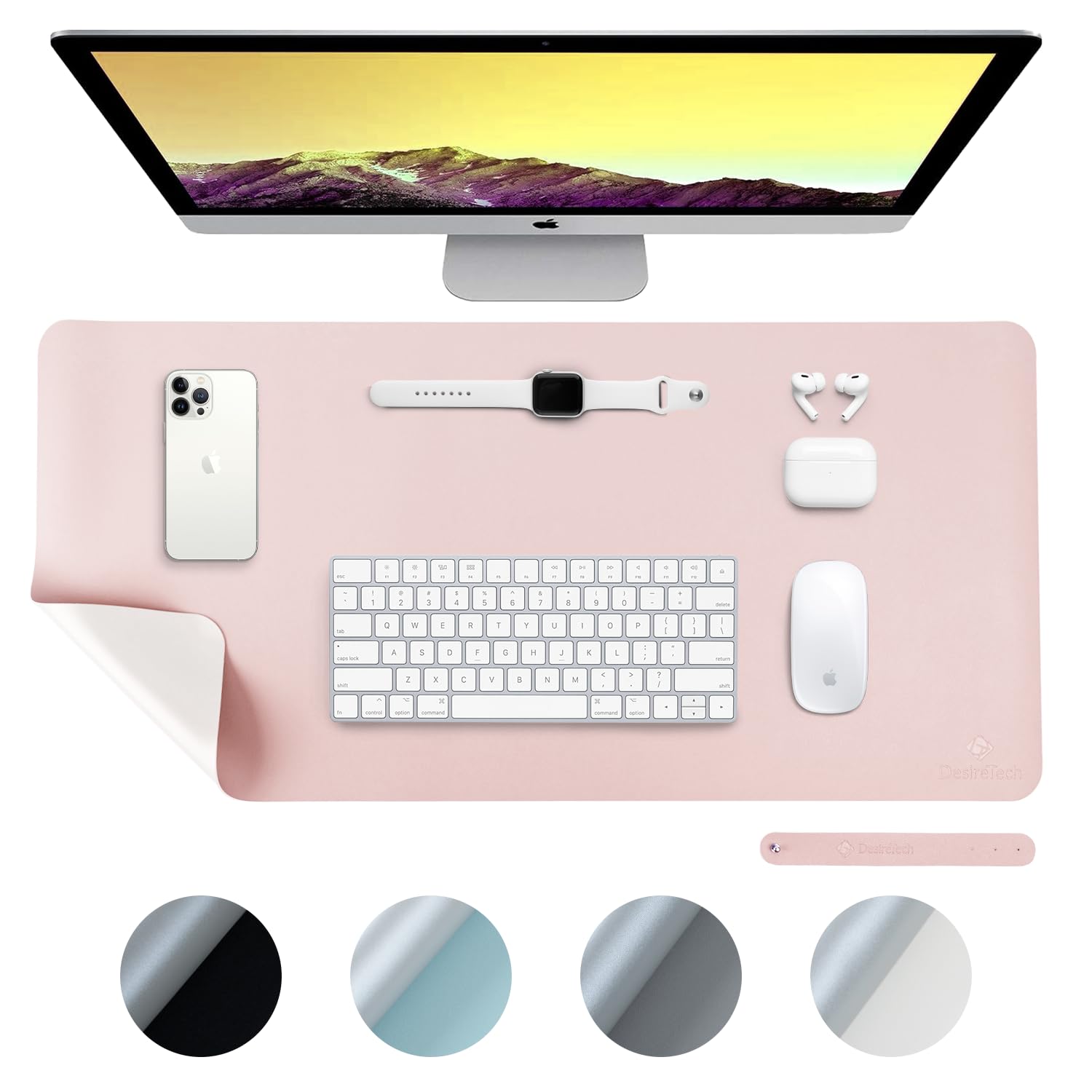 DesireTech Reversible Office Desk Mat, Dual-Sided, Waterproof Faux Leather Table Surface Protector, Laptop Mat & Mouse Pad for Home & Office - 43 x 89cm (Pink/Silver)