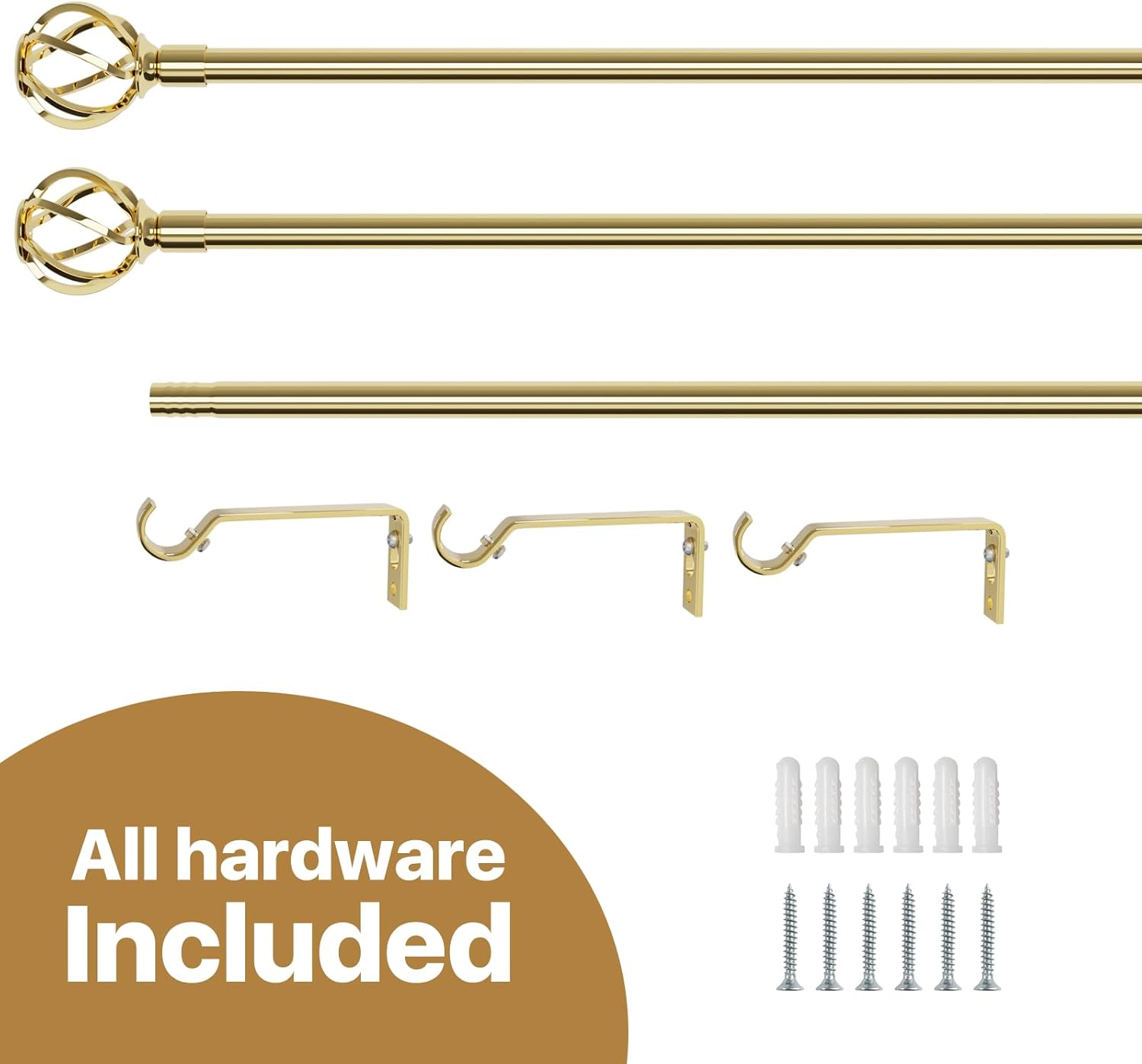 Gold Curtain Rods for Windows 66 to 120 inch with Twisted Cage Finials, Adjustable Long Curtain Rod Set with Brackets, Heavy Duty Drape Rod for Outdoor Patio, Sliding Door, 5/8" Diameter & 10 ft