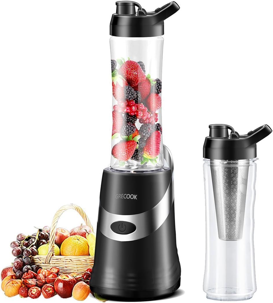 GRECOOK Mini Smoothie Blender and Juicer，Mini Personal Electric Extractor Juicer with Two 600ml Portable Travel Sport Bottles，300 W (Black)