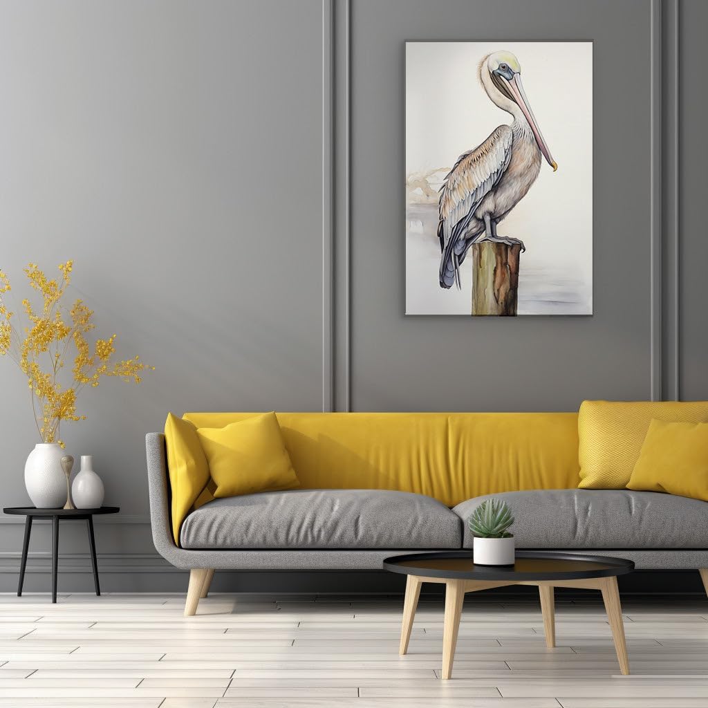 Canvas for Living Room. Misty Dawn Serenity: A Brown Pelican's Quiet Perch, 27 x 18 inch Canvas Wall Art - Ready to Hang