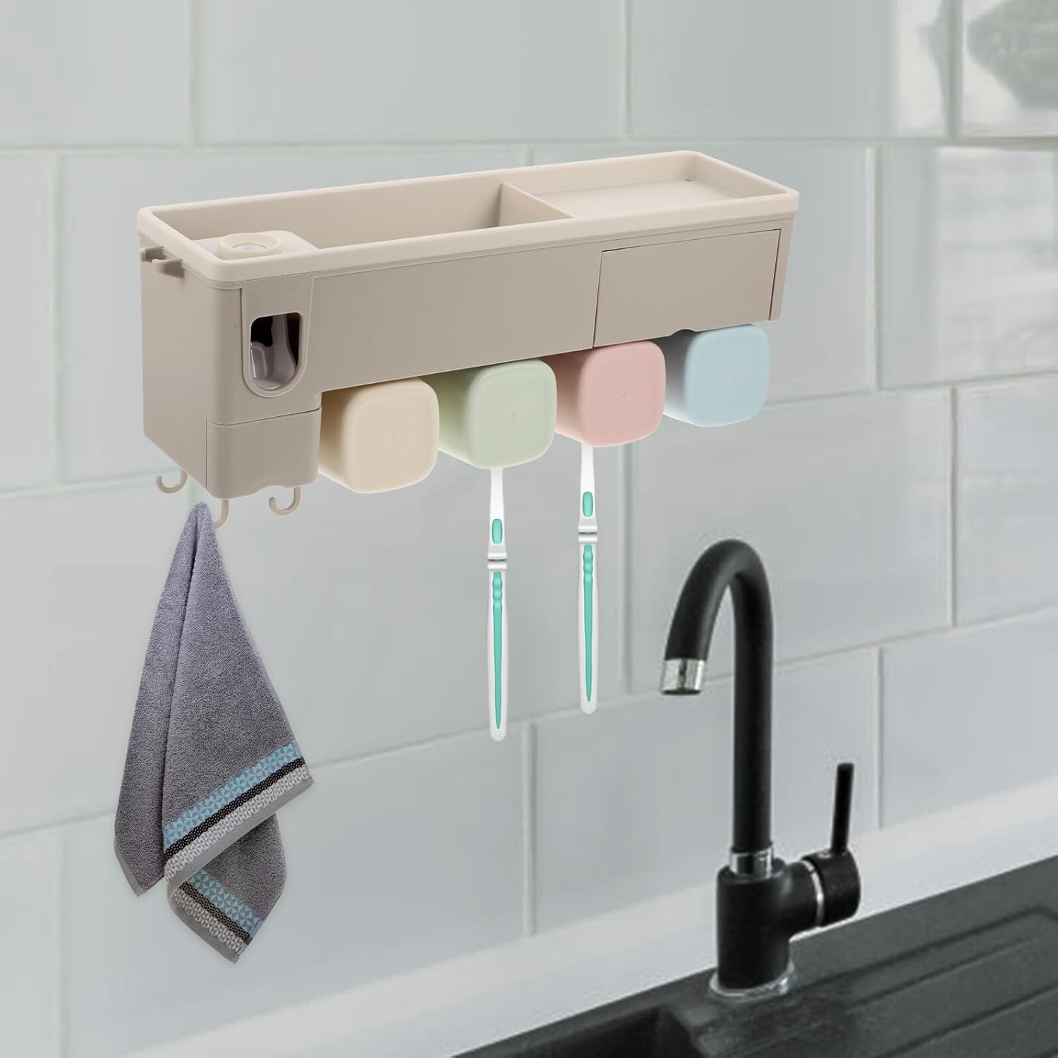 Wall-Mounted Automatic Toothpaste Squeezer and Toothbrush Holder Organizer Stand for Bathroom Space-Saving Multi-Functional Storage Rack with Razor Compartment Simple-Clean Design
