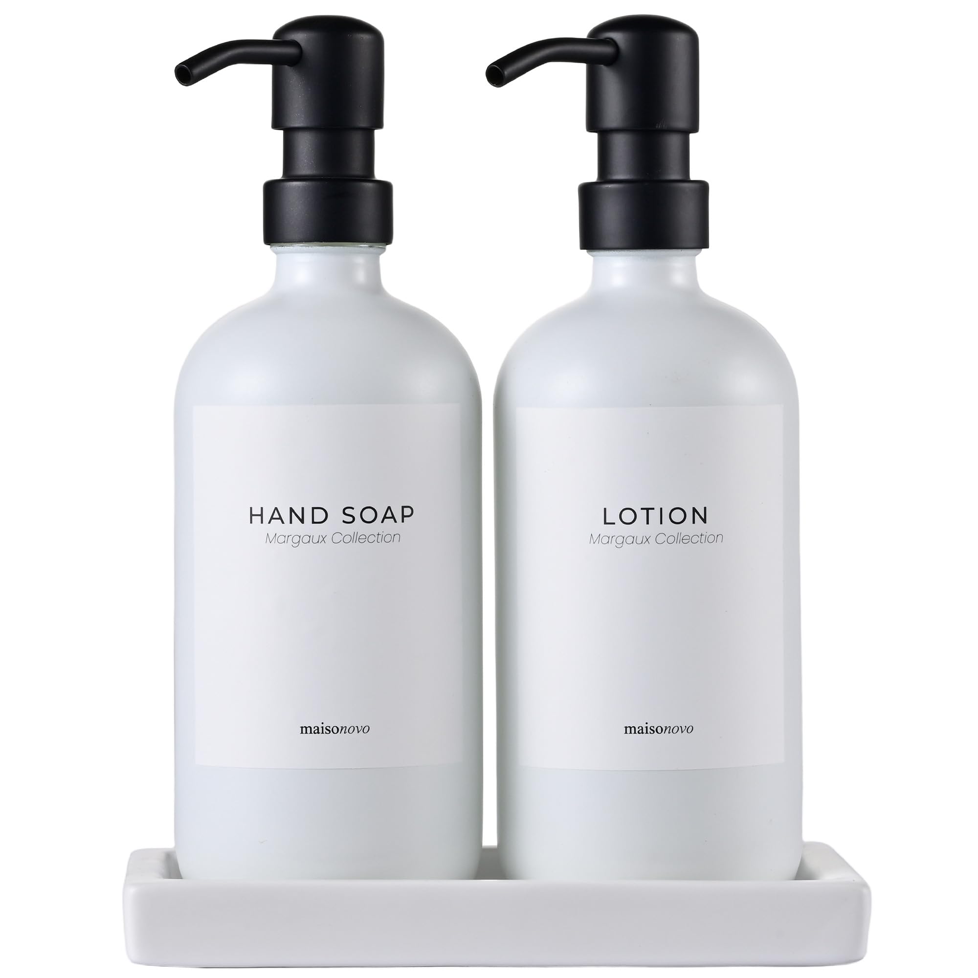 MaisoNovo Glass Hand Soap Dispenser Bathroom Countertop Set - 500 ml White Soap and Lotion Dispenser Set with Black Pump x 2, White Ceramic Tray and Waterproof Labels