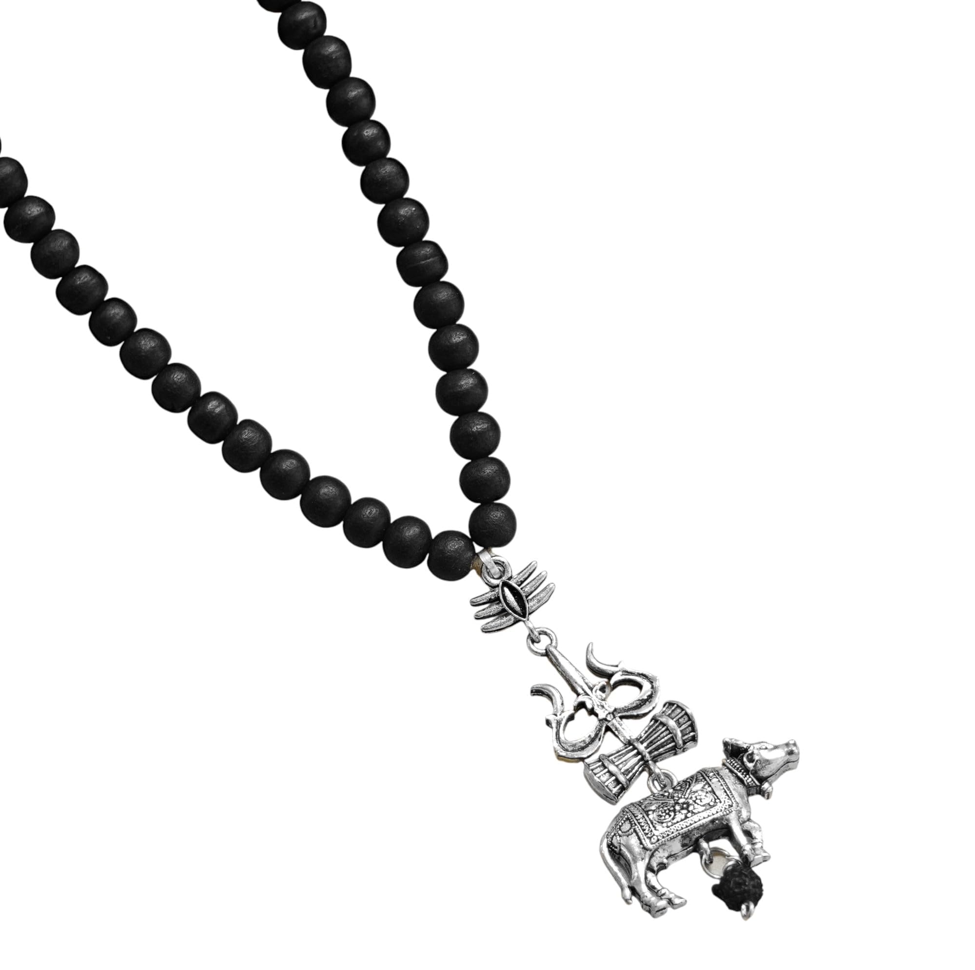 MARMORIS ECOM Silver Plated Black Ebony Wood Spiritual Karungali Beads with Trishool Nandi Pendant for Men & Women | Necklace for Pooja, Meditation & Spiritual Protection