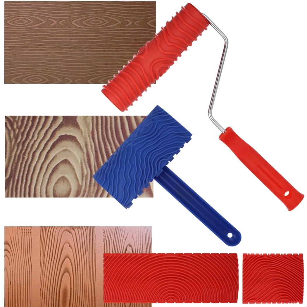 4 herramientas de patrón de grano de madera, juego de grano de madera, rodillo de grano de madera con mango, kit de herramientas de grano de madera de goma para paredes, cubiertas, muebles y suelos
